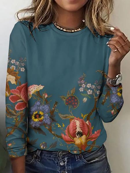 Round Neck 3D Flower Printed Top Fashionable Casual Long Sleeved Women's T-shirts