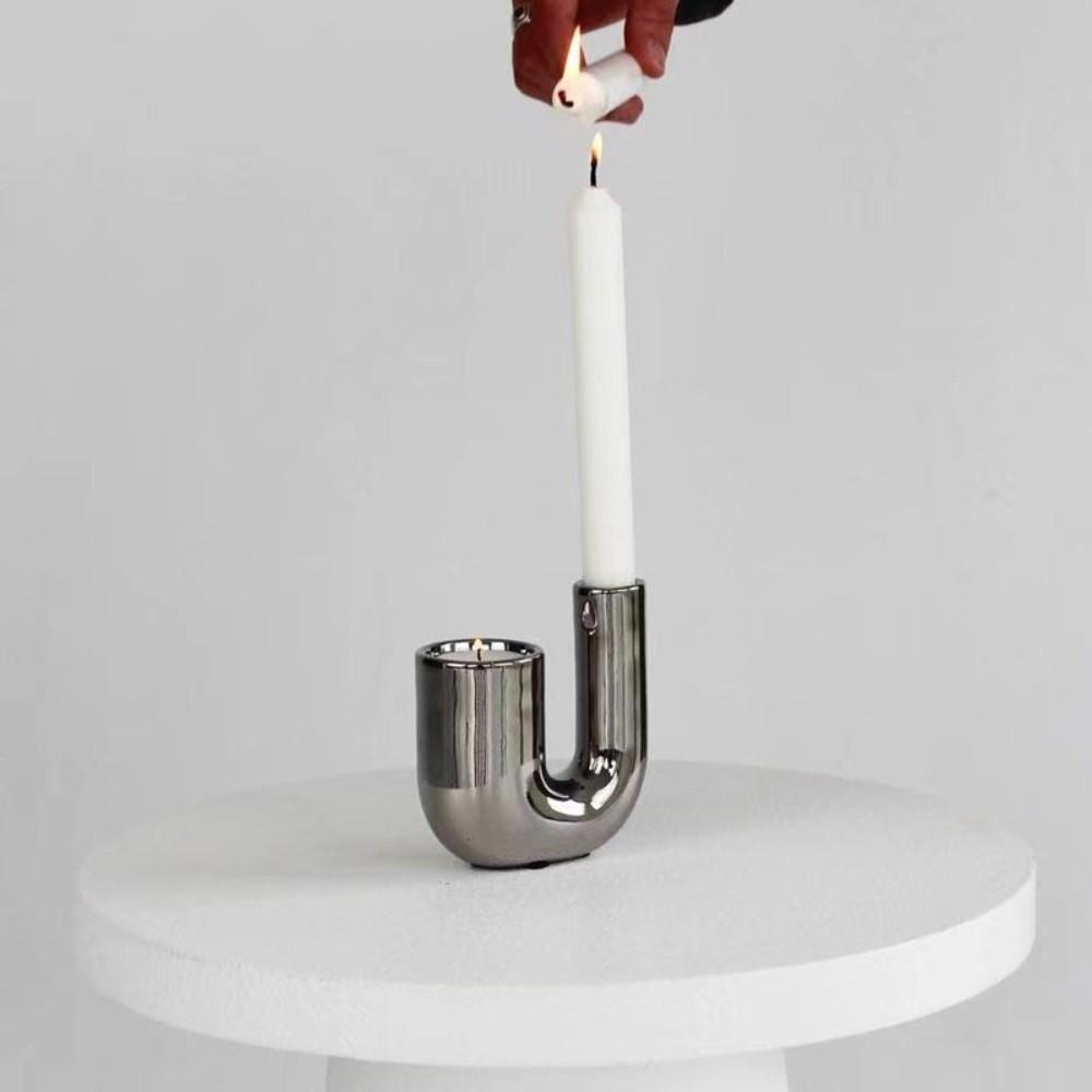 U-shaped Ceramic Candle Holder Romantic Electroplating Silver Candlestick Holder Light Luxury Candle Stand Living Room