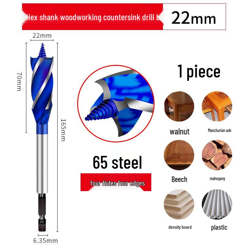 Ruiqi Hex Shank Four-Edge Wood Drill Bit for Door Lock and Drawer Hole Cutting