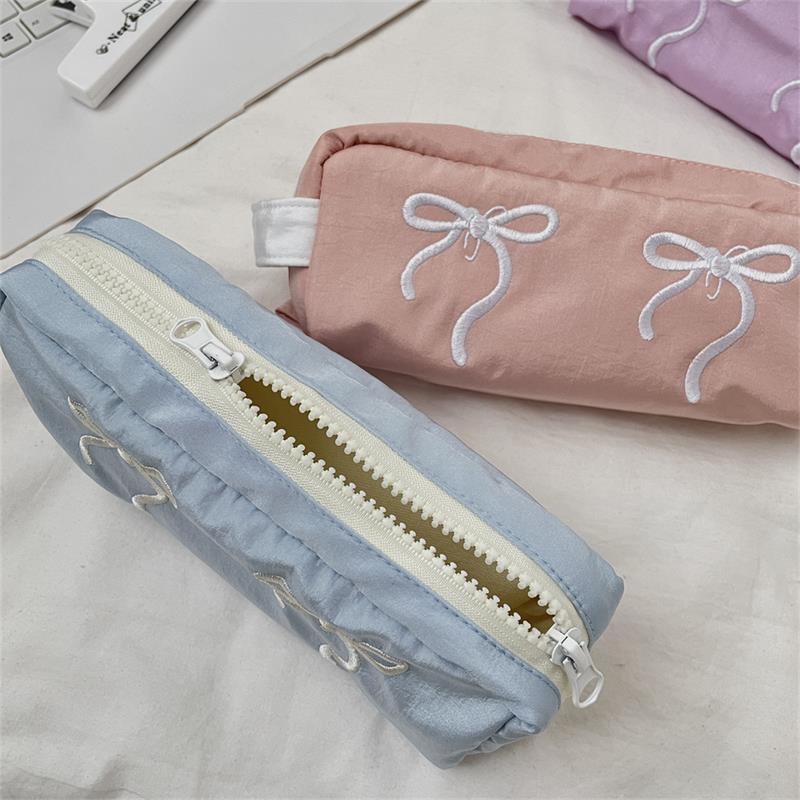 Cute Simple Bowknot Hand-Held Pencil Case Girly Pencil Bags Large Capacity Portable Student Stationery Storage Bag School Supply