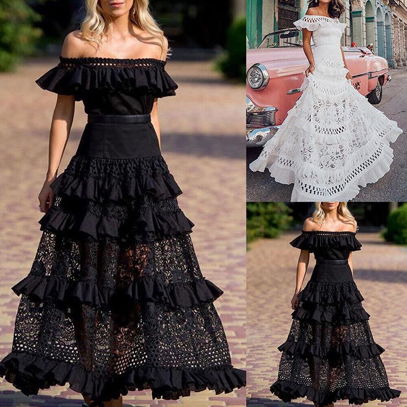Cross-border Summer New European and American Foreign Trade Women's Dress Flounce Hollowed-out Lace Dress