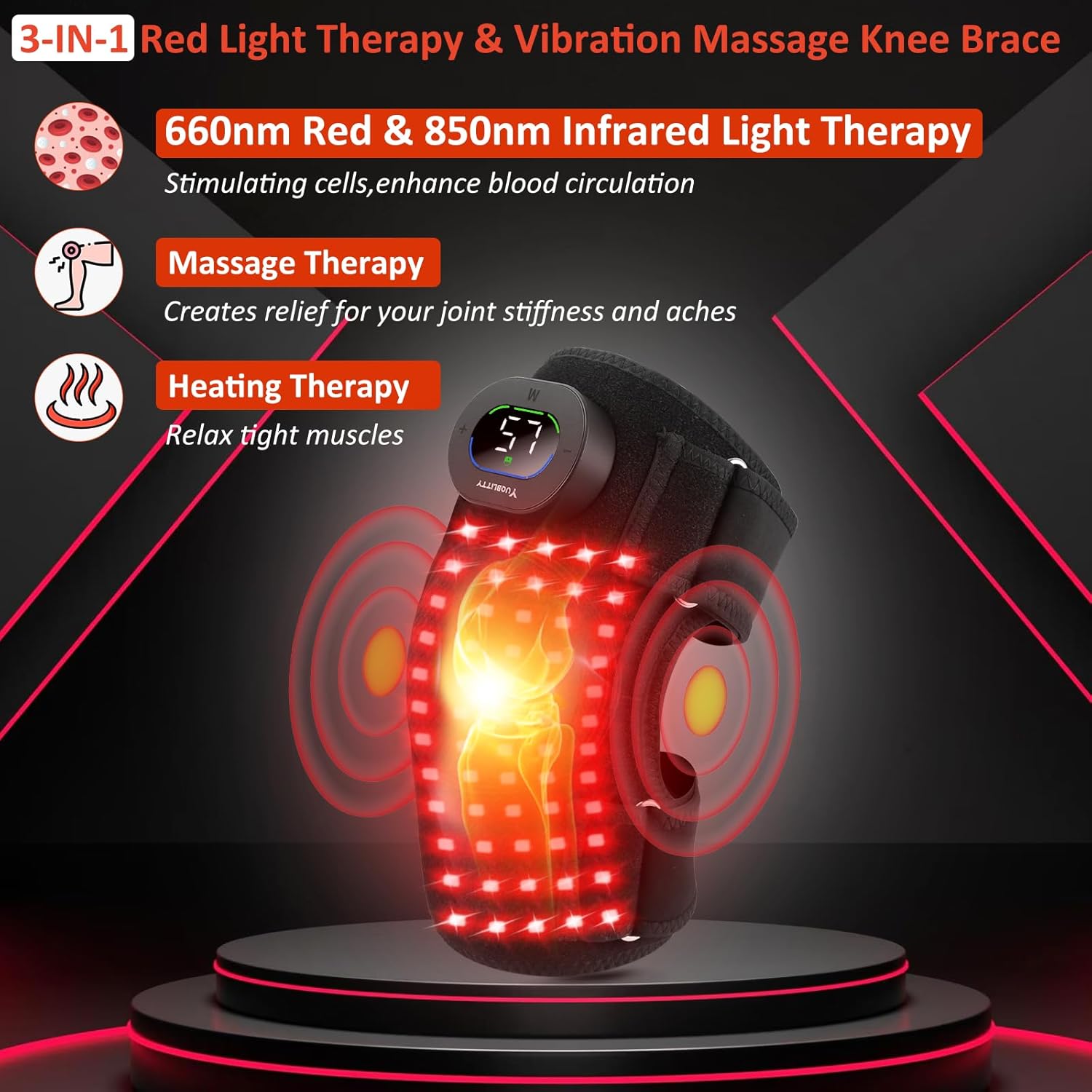 Knee Massager with Heat and Red Light Therapy, 660nm & 850nm Infrared Knee Pain Relief, Vibration Heated Therapy Cordless Device for Elbow Shoulder