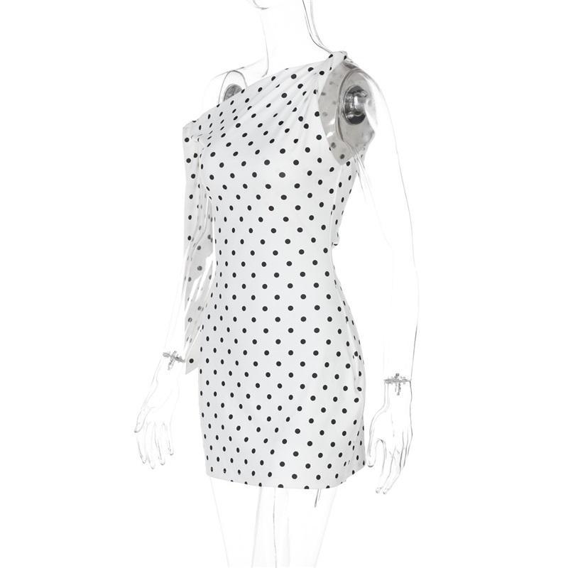 Tooxika Spring New Polka Dot Print Oblique Neck Strap Slim Fit Hip Dress