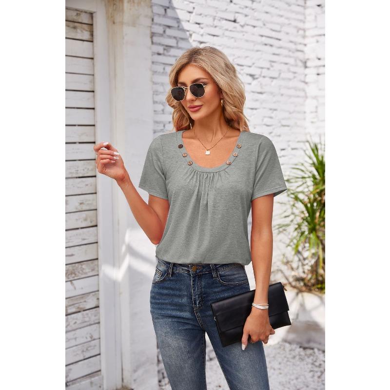 Women's Fashion Casual Solid Color Print Short Sleeve O Neck Blouses & Shirts
