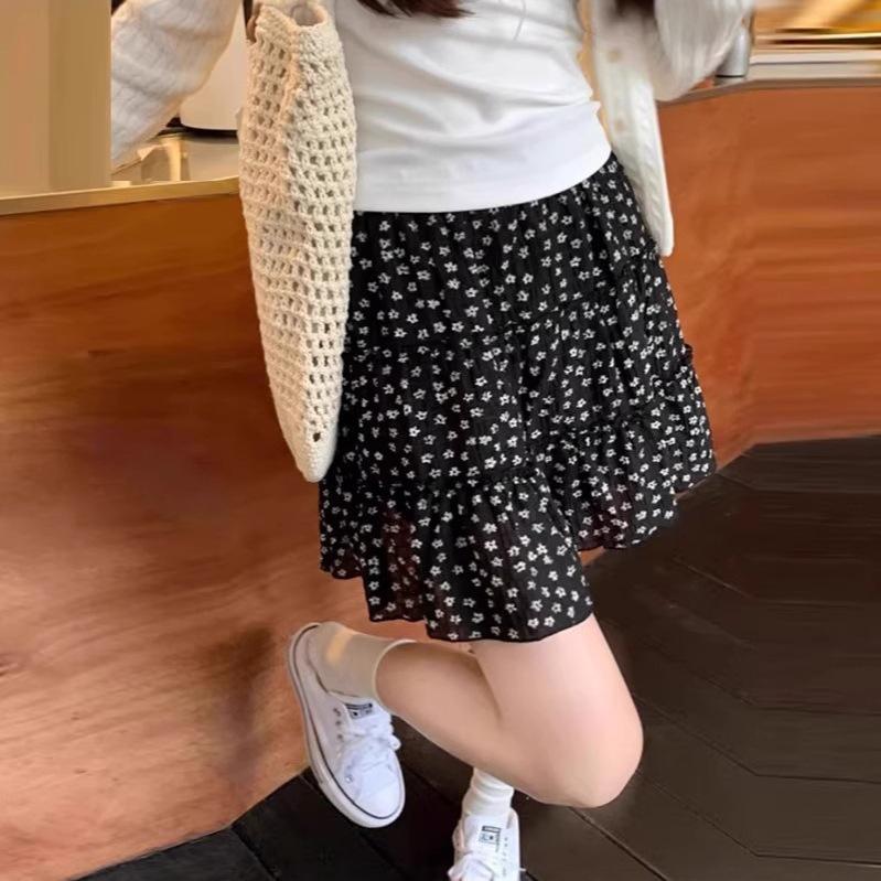 Polka Dot Floral High-Waist A-Line Midi Skirt, Women's Summer 2025 Collection - Black Puffy Cake Design