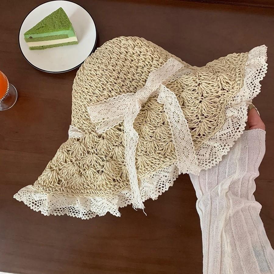 Porridge Cocoa Lace Bow Straw Hat Hollow Seaside Hat Women's Summer Vacation Straw Visor Beach Hat