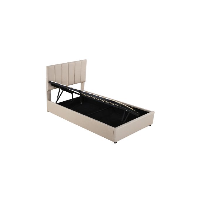 Letto per bambini - MUVOE - 90x200 cm - Beige - Contenitore idraulico - Tessuto in lino morbido