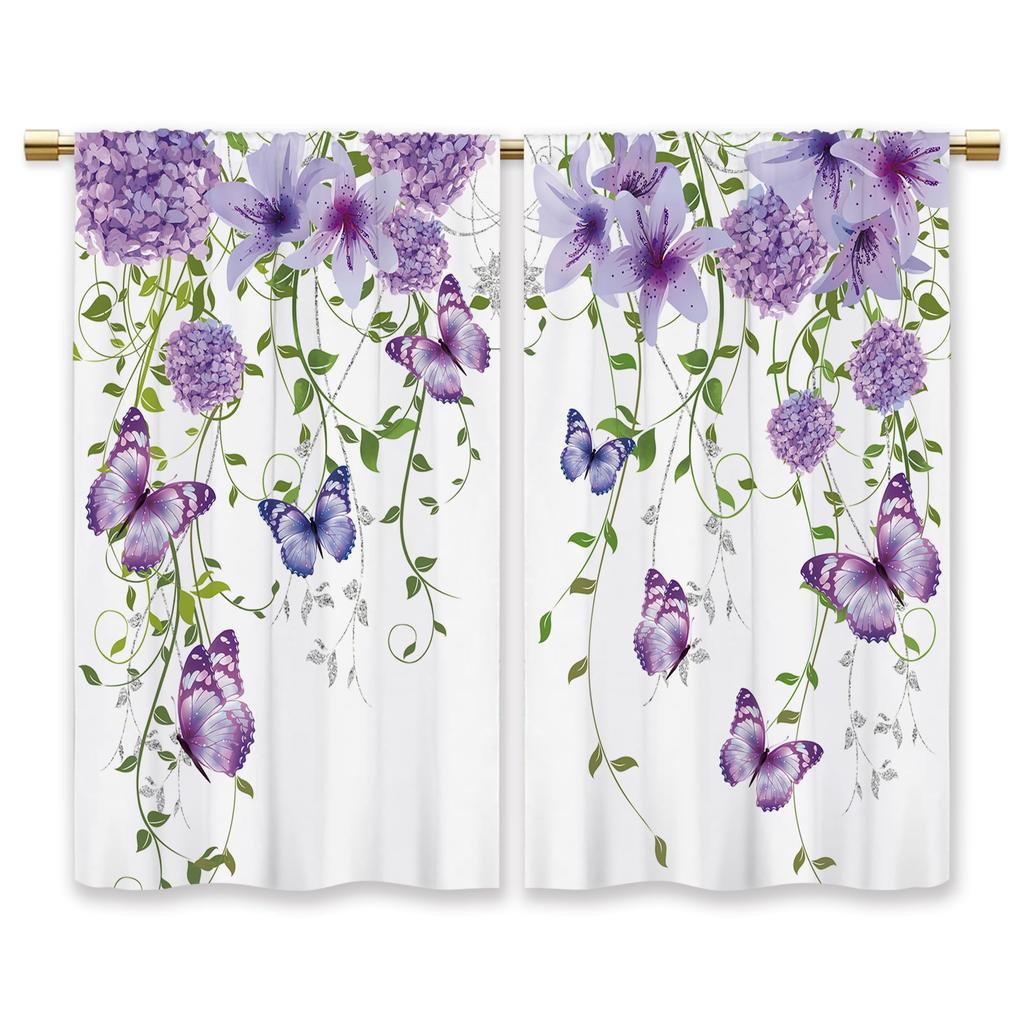 Purple Floral Butterfly Kitchen Curtains Rustic Flower Small Short Cafe Window Curtains Farmhouse  Botanical Window Drape