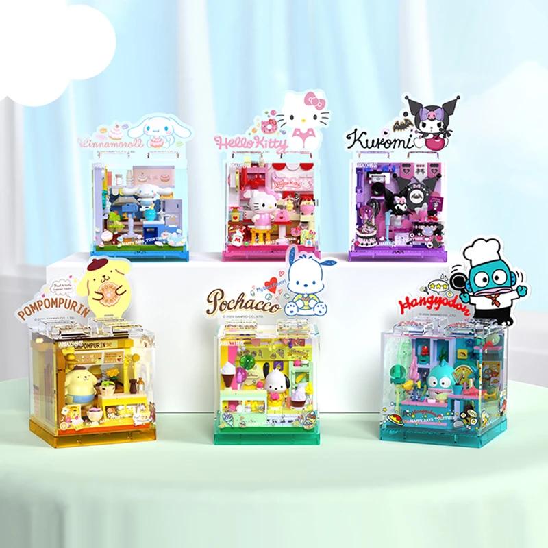 Sanrio Store Building Blocks Hello Kitty Kuromi Pochacco PomPom Bakery Dessert House Ocean Restaurant Shop Model Mini Brick Toys