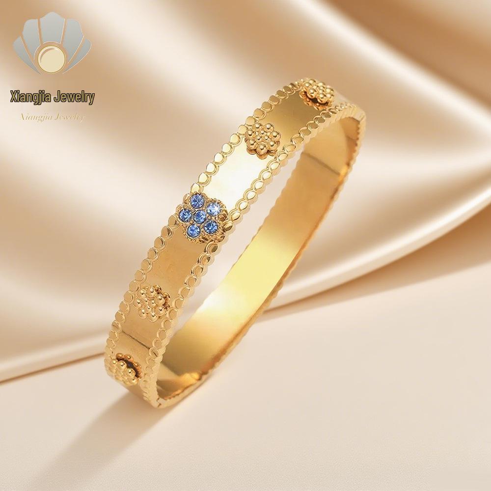 Szmaragdowy Cyrkoniowy Kwiat Stal Tytanowa Bransoletka - Damska Styl Europejski i Amerykański, Luksusowa Modna Bransoletka.