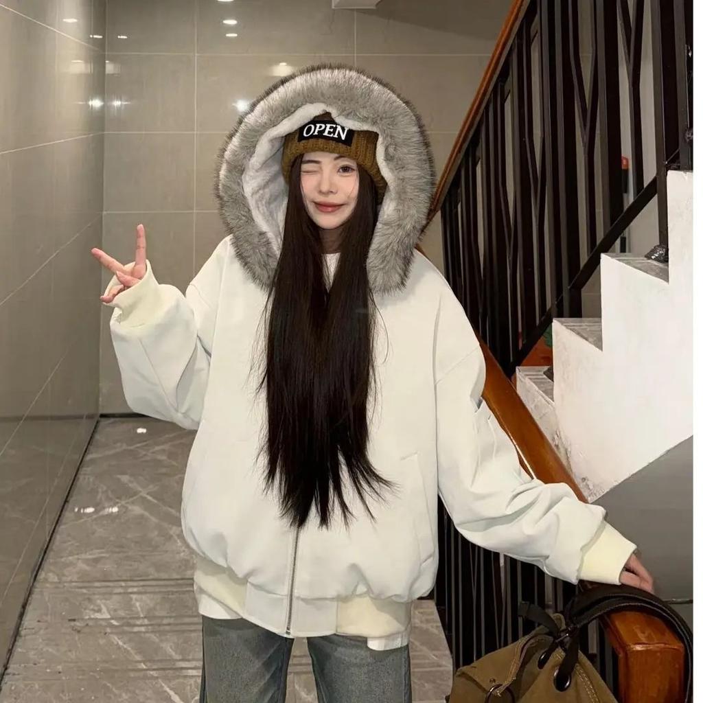 Fleece thickened cotton jacket men's and women's winter warm hooded jacket cleanfit short large fur collar cotton-padded coat