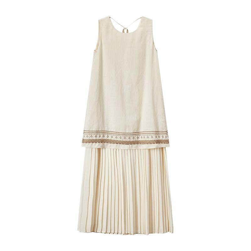 Women's Ethnic Embroidered Linen Blend Sleeveless Dress