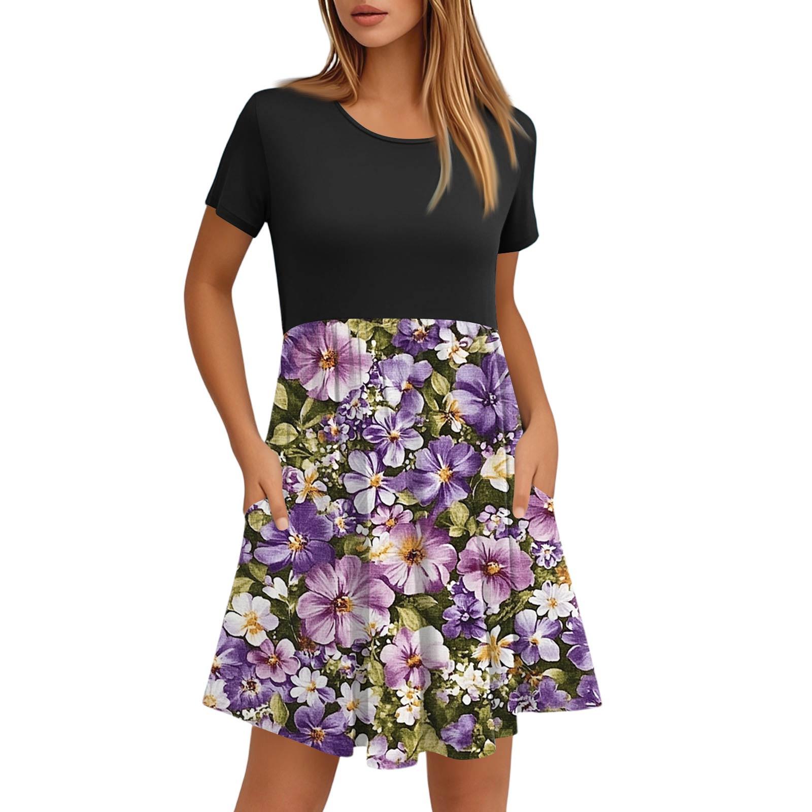 

Женские модные повседневные свободные платья с круглым вырезом и коротким рукавом с принтом и карманами M фиолетовый