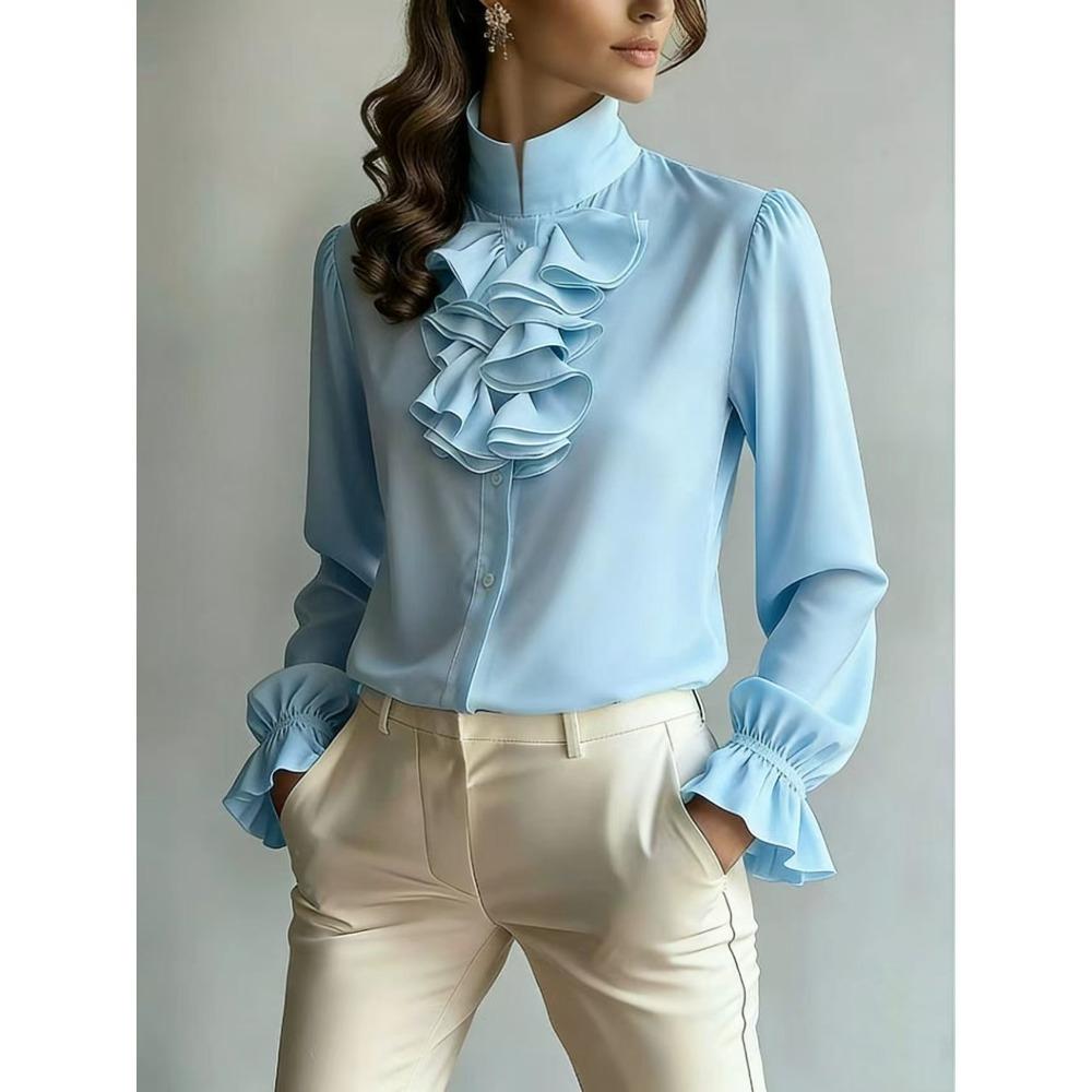 Spring and Autumn New Temperament Commuting Loose Stand-up Collar Solid Color Ruffle Edge Women's Shirt