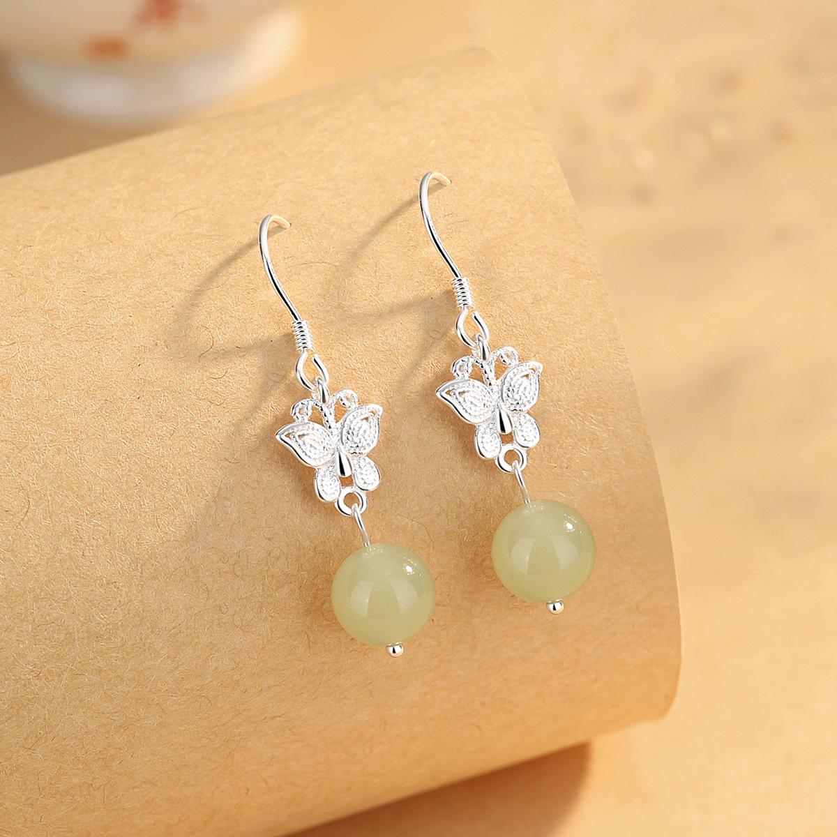Tichiya Natural Hetian Jade Butterfly Earrings for Women - S925 Sterling Silver, Chinese Trend, Light Luxury Design. 925 Silver