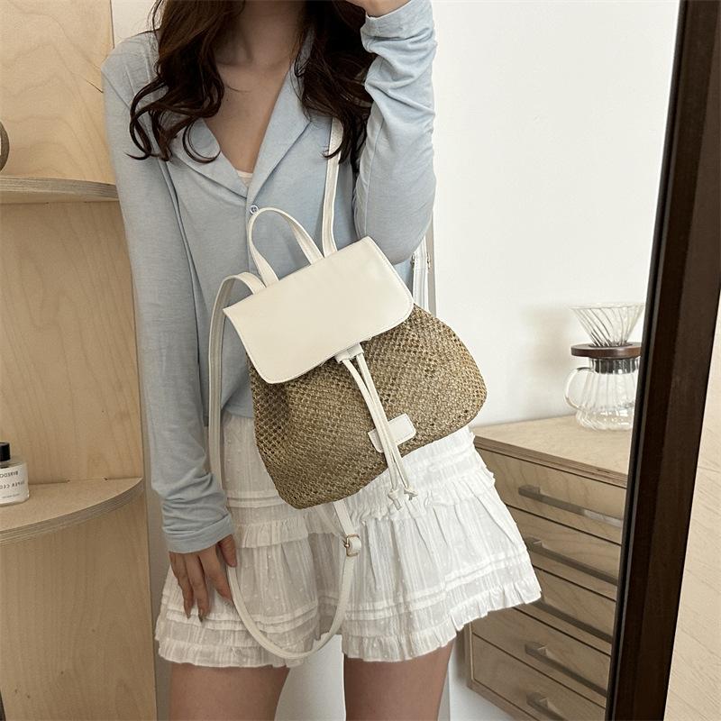 2024 Casual New Fashion Summer Foreign Style Design Straw Weaving Leisure Travel Double Shoulder Small Backpack Bag Women