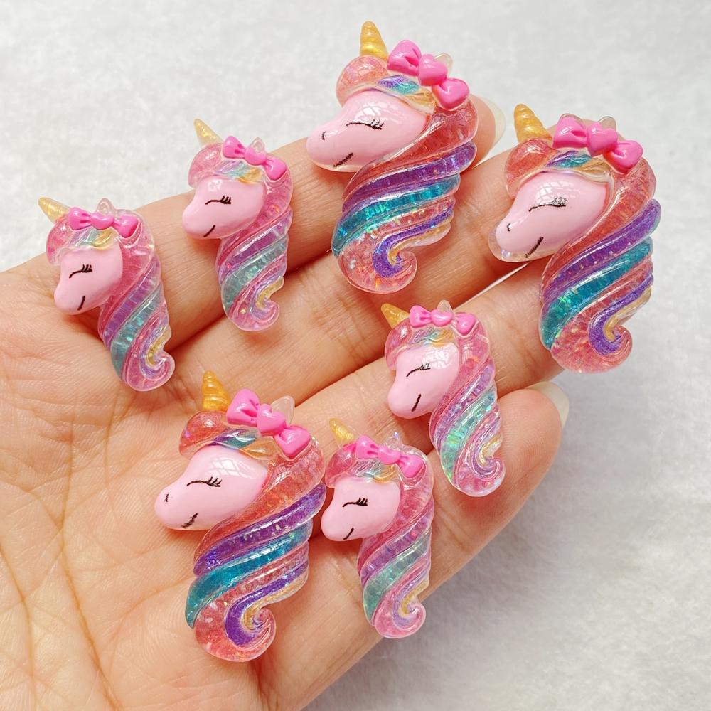 10Pcs Cute Cartoon Shiny Unicorn Flat Back Scrapbook Figurine DIY Bow Decor Accessories Crafts