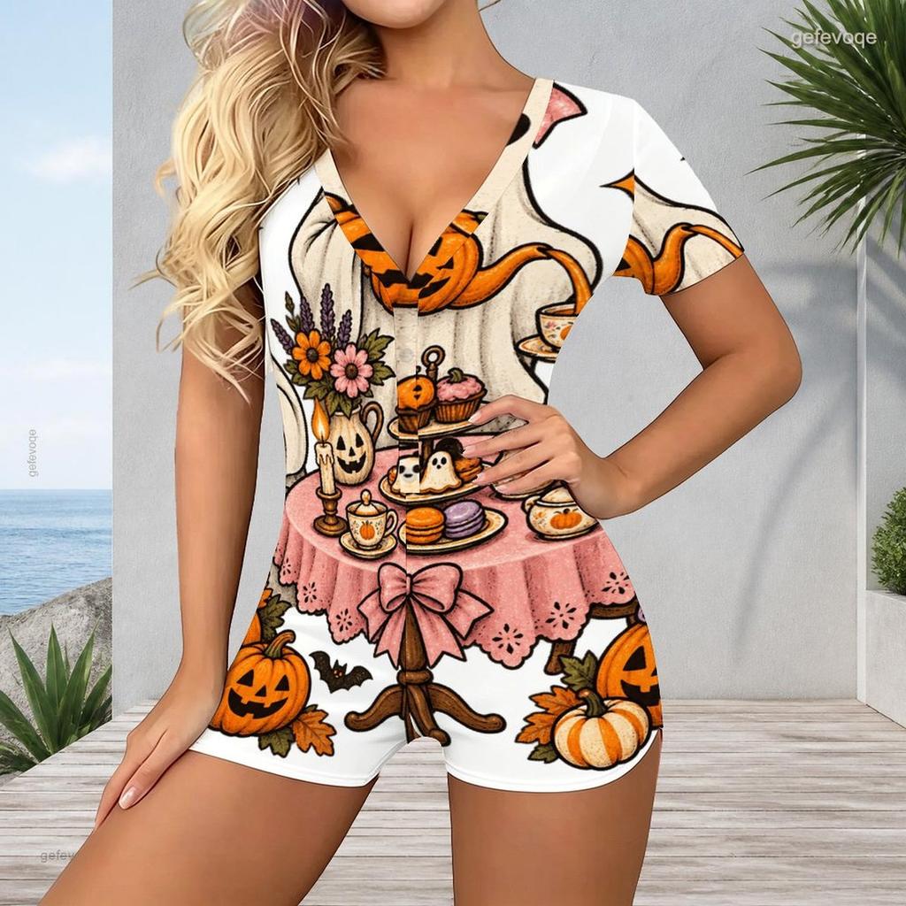 Women Plus Size V Neck Short Sleeve Button Front Raccoon Pumpkin Print Short Romper
