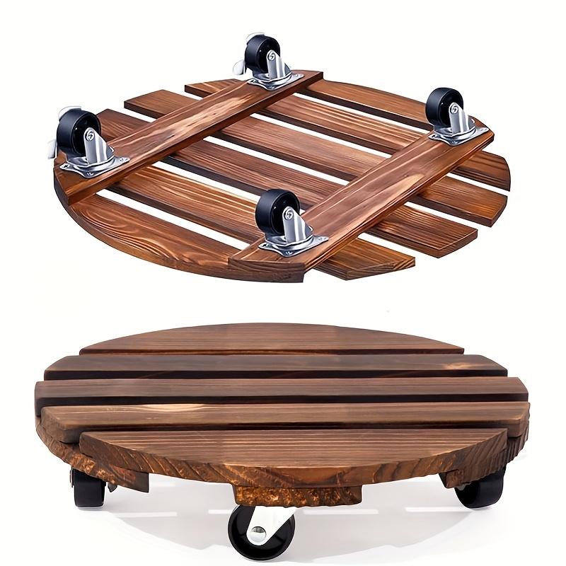Solid Pine Wood Plant Caddy with 2 Lockable 360° Wheels - Circular Rolling Plant Stand for Indoor/Outdoor Use, Patio, Flower Pot