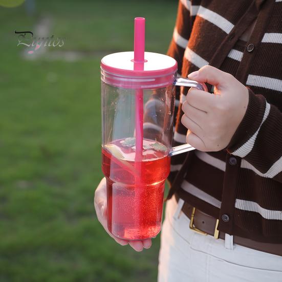 Clear Plastic Water Bottle with Straw And Lid, 40oz Large Capacity Tumbler BPA-free Drinking Cup Handle, Leak Proof Sports for School Travel Reusable