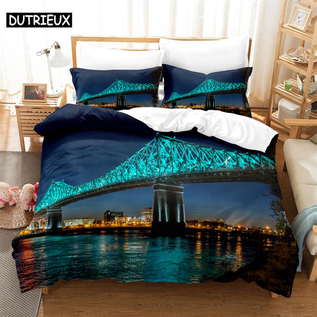 

3PCS Bridge at night Bedding Sets Home Bedclothes Super King Cover Pillowcase Comforter Textiles Bedding Set (135x200cm)&set