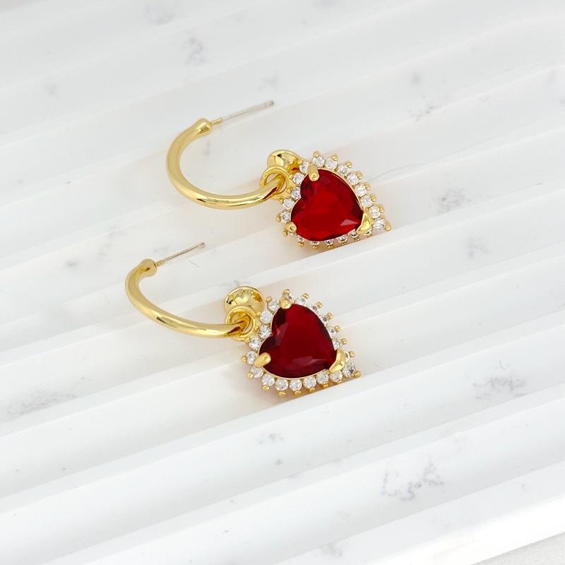 Manufacturer Supply French Fashion In Needle Earrings Women'S Red Zircon Love Earrings Earrings Spot