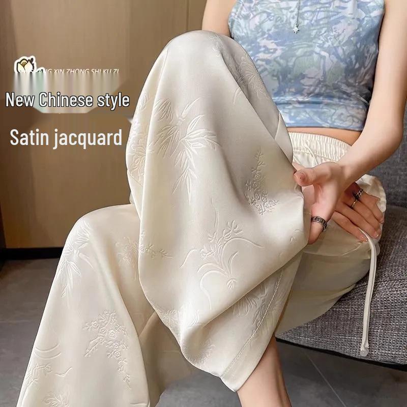 Plus Size Chinese Style Jacquard Wide-Leg Pants for Women, Spring/Summer Ice Silk Loose Fit