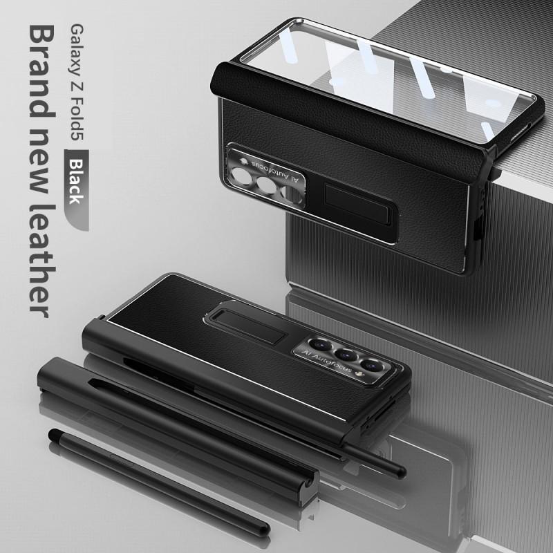 Magnetic Snap-on Case Galaxy Z Fold5 With Leather Texture Full Coverage Shockproof Kickstand Stylus Slot