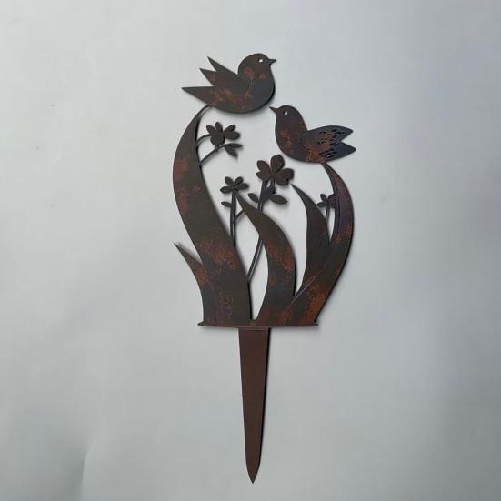 Yousheng Bird Wildflower Metal Garden Stake Decoration Weather-proof Outdoor Yard Lawn Patio Pathway Rusty Iron Floral Bird Stake Ornament