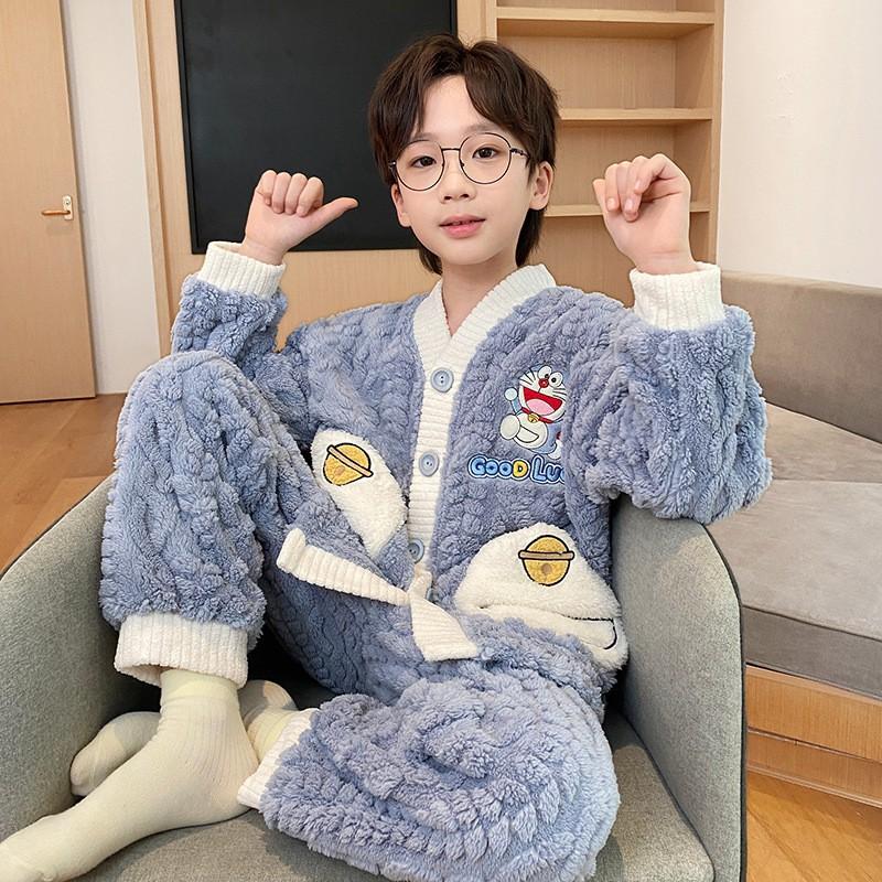 Boys Warm Coral Fleece Pajamas Set Thick Winter Sleepwear Kids Teens Comfortable Home Wear