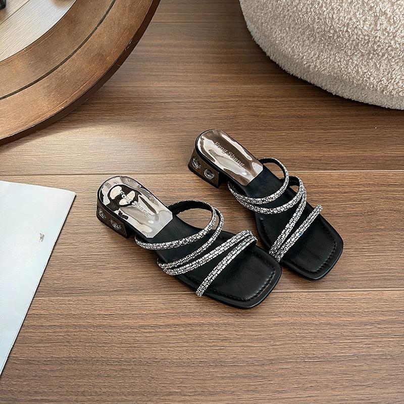 

French Block Heel Silver Rhinestone Sandals for Women in Summer 2026 New Beautiful Temperament Two-wear Sandals 40 чорний