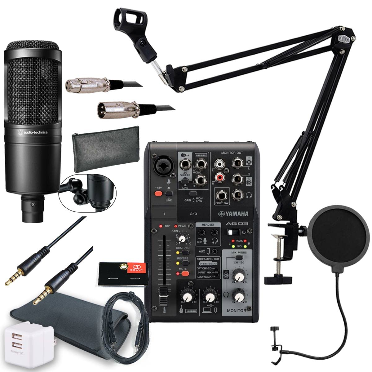 

YAMAHA AG03MK2 BLACK AT2020 set for Android users AT2020 condenser 3m microphone pop arm AUX convenient sleeve USB 2 port AC cable / Distribution/DTM чорний