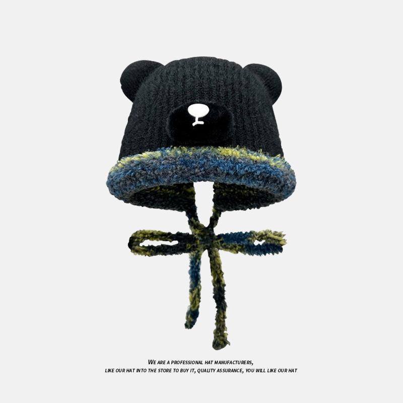 Cute Bear Plush Hat for Women in Winter Warm and Plush Woolen Hat To Protect Against Cold and Ear Protection One Hat Dual Purpose Bag Knitted Hat