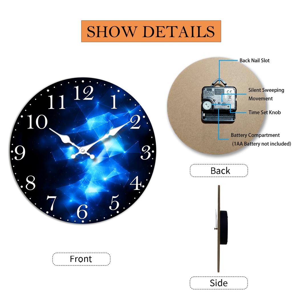 Dreamy Blue Starry Sky Geometric Wooden Wall Clock, Silent Quartz, Living/Bedroom Decor, 10 - 16 Inches (Batteries Not Included)