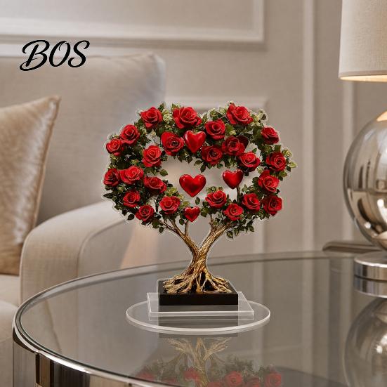 Crystal Rose Ornament Acrylic Ornament, 2D Flat Flower Decoration with Base, Table Art Centerpiece Romantic Desktop Decor for Home Shelf Cabinet
