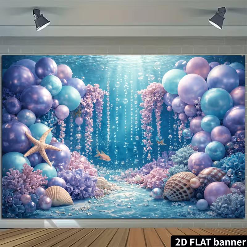 2D Blau Lila Meeresbanner, Unterwasserballon Meerjungfrauenparty Fotokabine Hintergrund