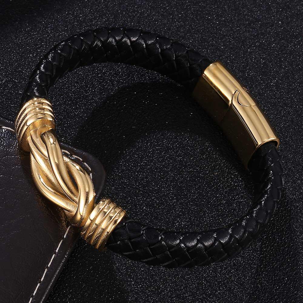 Men s Black Leather Bracelet with Titanium Steel Magnetic Buckle Customizable Size