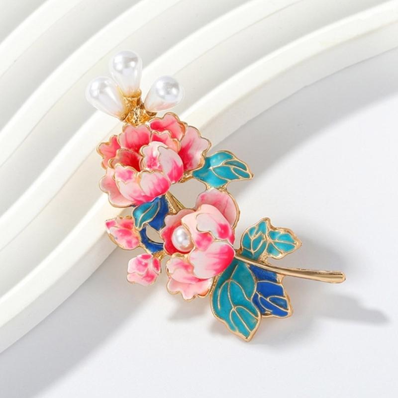 Elegant Peony Flower Brooch Pin for Women with Enamel and Pearls Embellishments Jewelry Accessory for Banquet or Party
