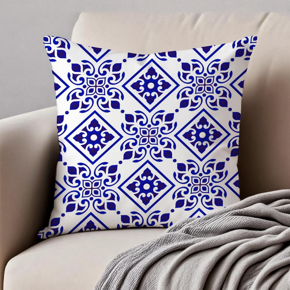 Fashion Blue Tiles Luxury Icon Cushion Cover Pillowcase Antidustmite Invisible Zipper Short Plush Sofa Cushion