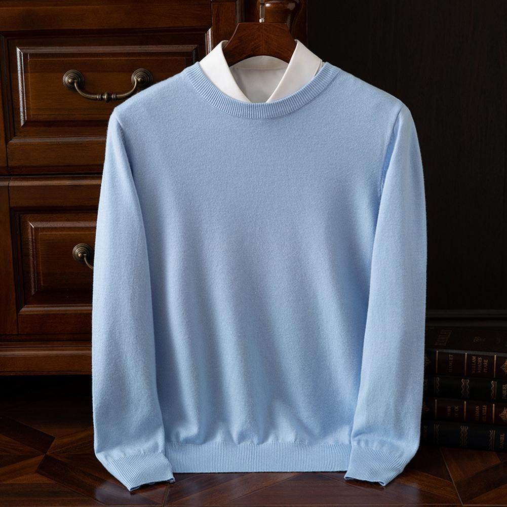 Men Fall Winter Sweater Round Neck Loose Long Sleeves Knitted Elastic Pure Color Business Style Warm Knitwear
