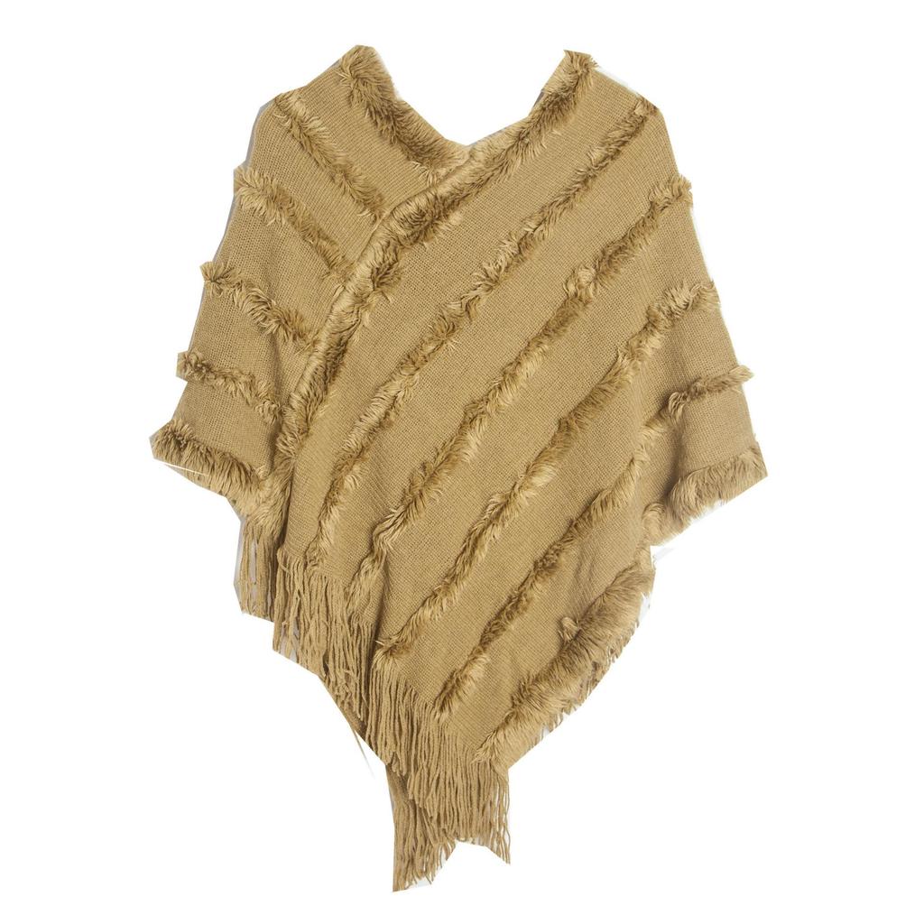Spring Autumn Winter V-neck Solid Color Knitted Plush Shawl - European & American Style