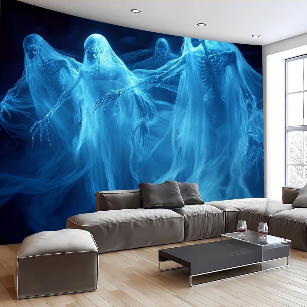 Ghostly Blue Spirits Tapestry Halloween Decor Horror Wall Art Gothic Home Decor Spooky Room Decoration Scary Ghost Print For