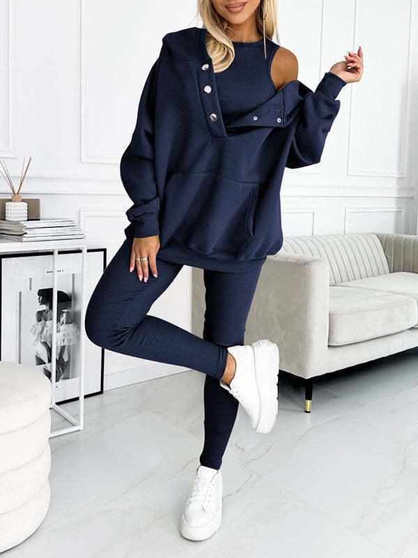 2024 Trendy Women's Sportswear: Hooded Sweatshirt, Ribbed Slim Vest, and Pants Set.