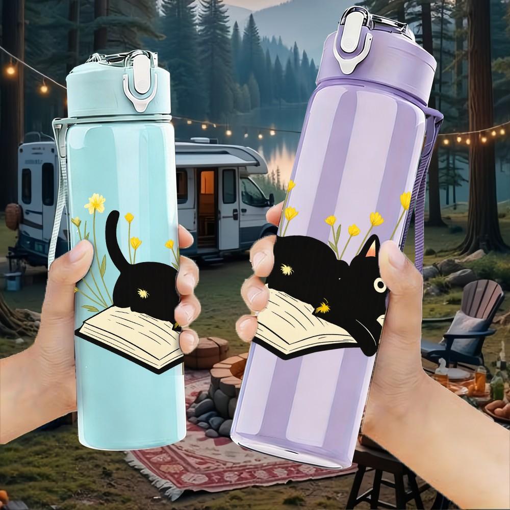 1PC Black Cat Reading Book Art 750ml Color Plastic Sports Water Bottle Leakproof Flip Straw Lid Suitable for Sports Office Home Use