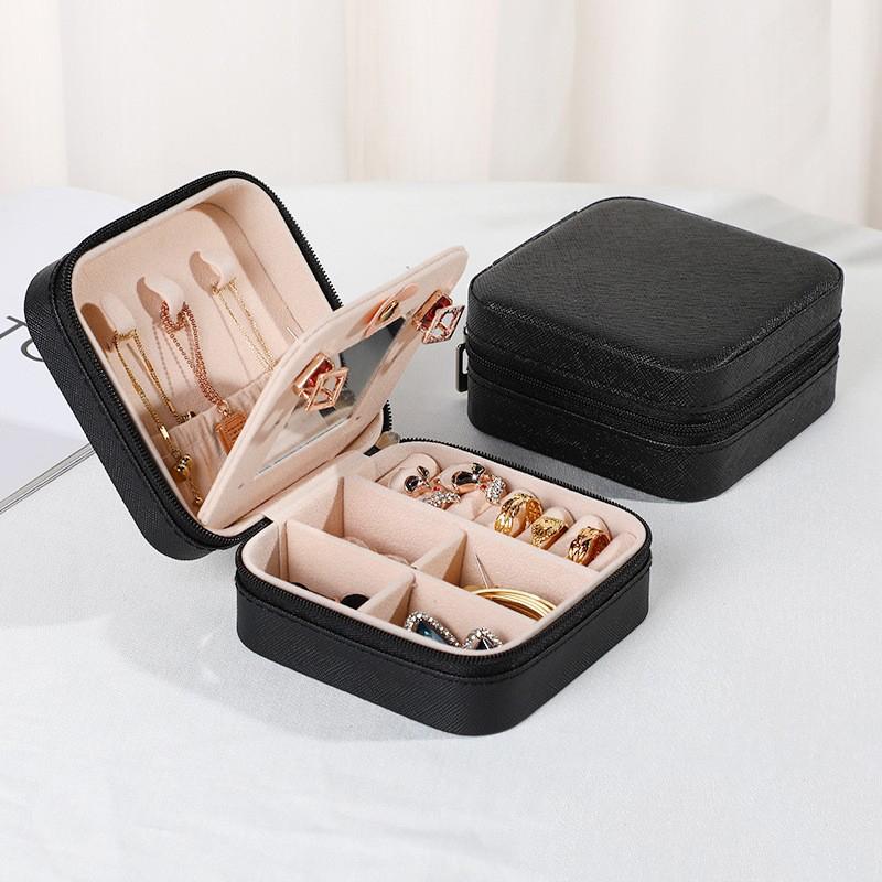 

Travel Jewelry Case With Mirror Necklace Earrings Ring Organizer Display Boxes Pu Leather Zipper Jewelry Storage Box Portable