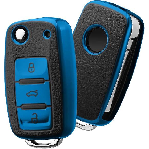 ELOHEI for VW Key Fob Cover, Premium Soft TPU 361 Degree Full Protection for VW Volkswagen Jetta Beetle Tiguan Passat Golf MK6 Polo 3 Buttons(Leather