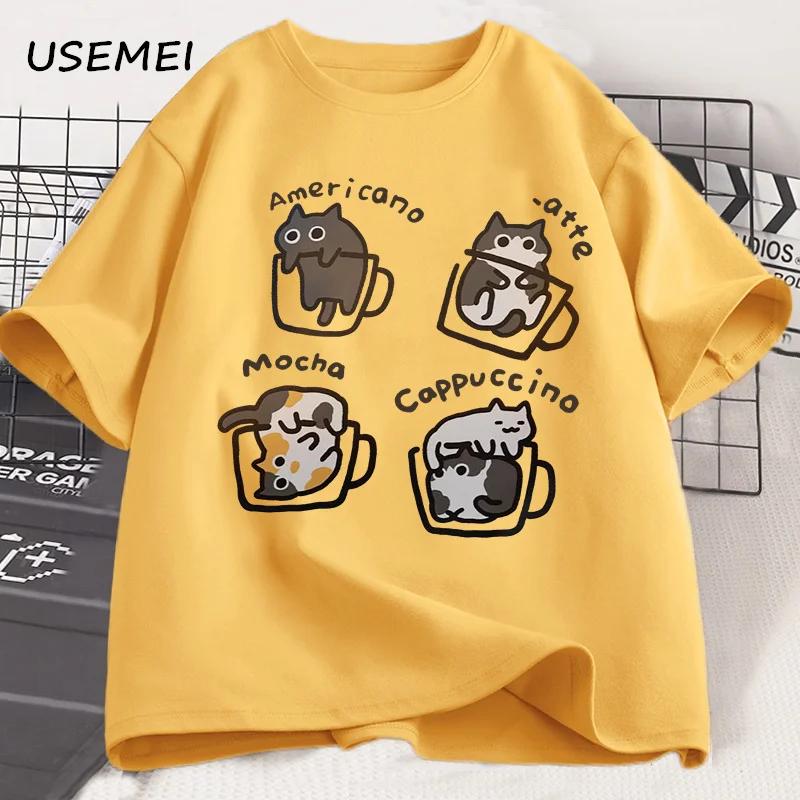 Funny Cute Coffee Cat Tshirt for Women Men Fashion  Loose Short Sleeve T-shirt Mocha Latte Cat Humor Cat Lover T Shirt