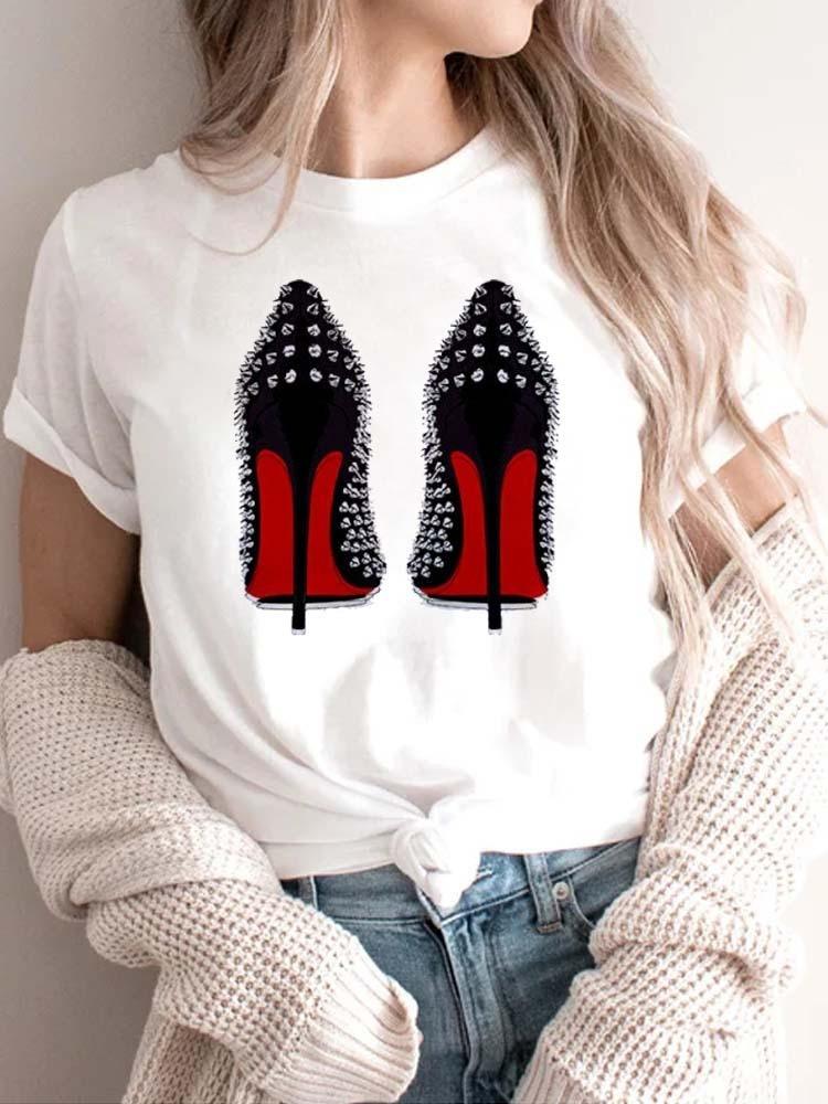Modisches bedrucktes High-Heel-T-Shirt für Damen Modisches weißes Kurzarm-T-Shirt mit Schleifendesign Lässiges Home-Top für Mädchen