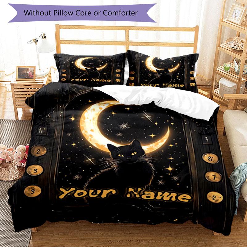 3PC Custom Name Moonlit Cat Journey Bedding Set Duvet Cover Closure Includes 1 Duvet Cover & 2 Pillowcases for Bedroom