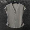 Women's Linen Blend V-Neck Pleated Ice Silk T-Shirt